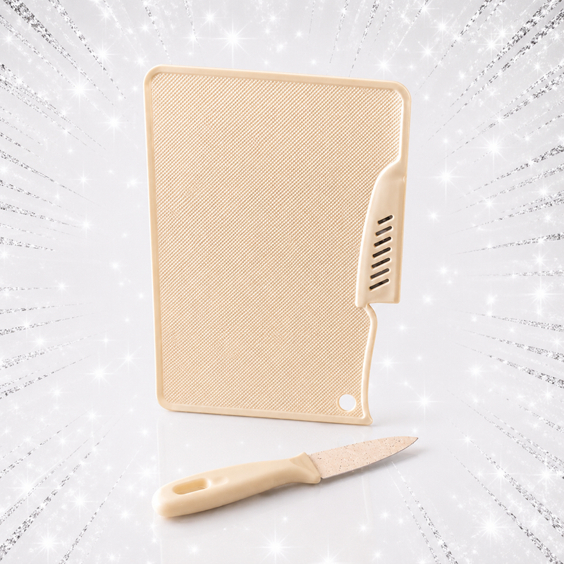 Kit Tábua de Corte com Faca – Plástico Antiderrapante Bege