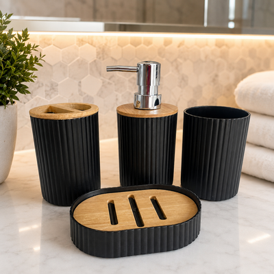 Kit Acessórios para Banheiro 4 Peças Preto com Detalhe Madeira – B-MAX