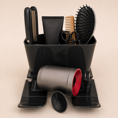 Suporte organizador para prancha e secador de cabelo com compartimentos e ventilação