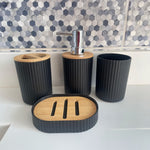 Kit Acessórios para Banheiro 4 Peças Preto com Detalhe Madeira – B-MAX
