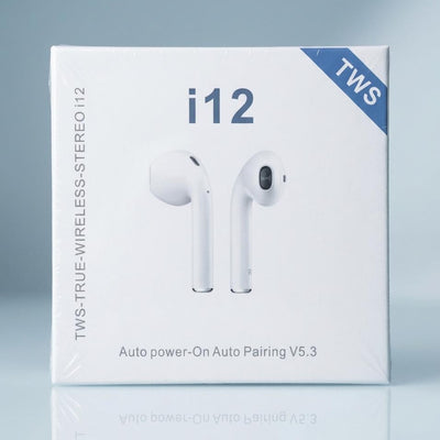 Fone Bluetooth i12 sem fio com conexão rápida, som estéreo e estojo portátil para recarga.