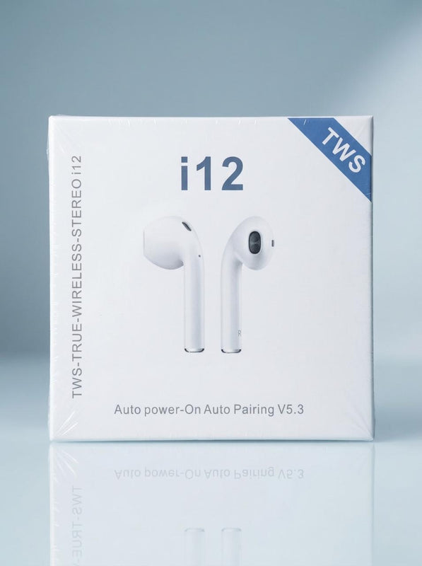 Fone Bluetooth i12 sem fio com conexão rápida, som estéreo e estojo portátil para recarga.