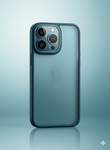 Capa Silicone Fosco Azul Escuro e Rosa Alaranjado para iPhone 15 Pro Max com Proteção de Câmera