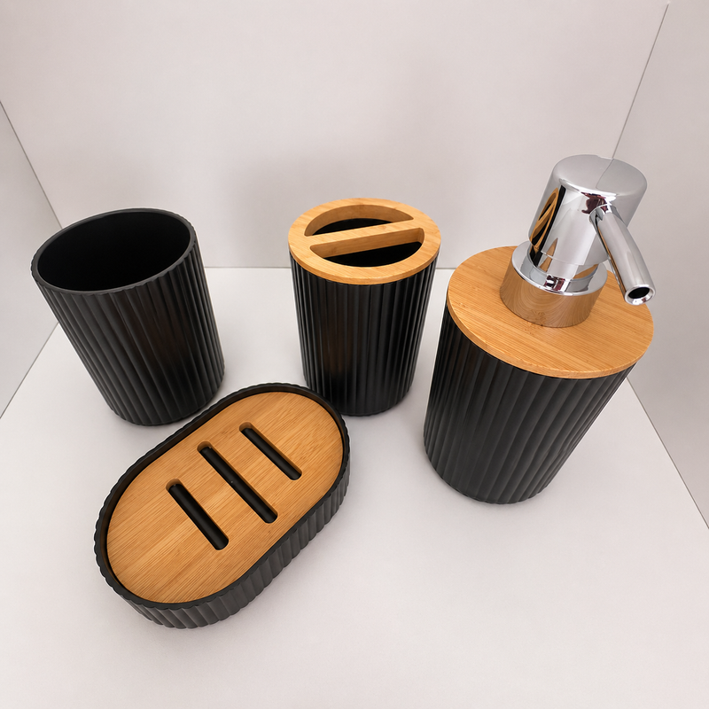 Kit Acessórios para Banheiro 4 Peças Preto com Detalhe Madeira – B-MAX
