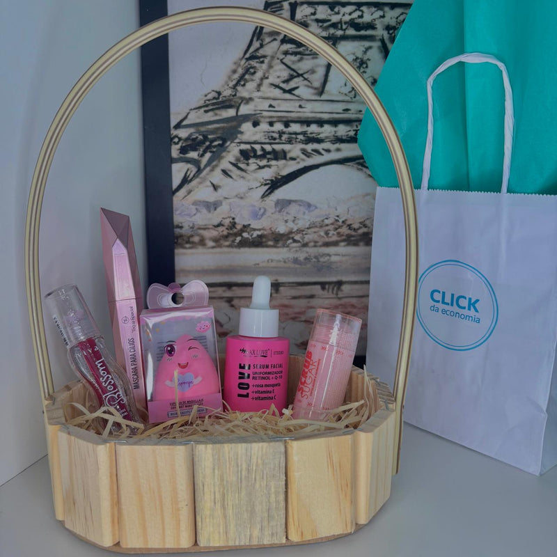 Kit Presente Completo – Sérum Facial Retinol, Máscara de Cílios, Gloss Labial, Esfoliante Labial, Espelho, Esponja para maquiagem e Sacola Personalizada Cortesia