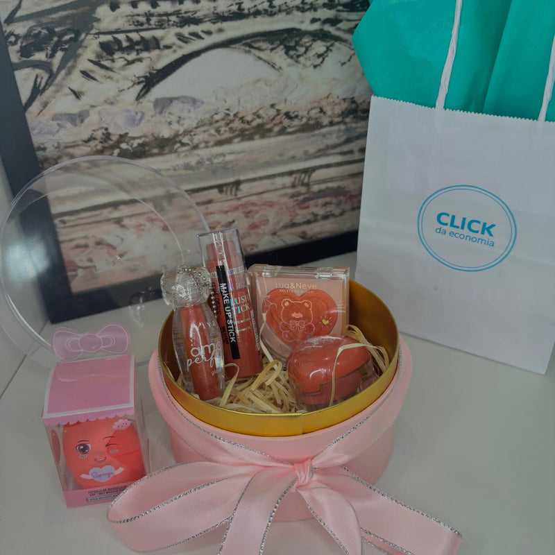 Kit Maquiagem Caixa Sweet Love – Gloss, Lip Balm de Coração, Blush Stick e Paleta e Sacola Personalizada