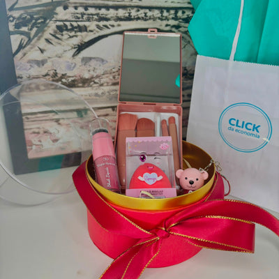 Kit Maquiagem Caixa Presente Estojo de Espelho, Pincéis e Blush Líquido com Pincel Acoplado