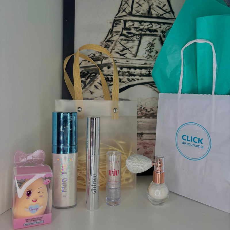 Kit Maquiagem para Presente Completo Sacolinha Premium – Máscara Ruby Rose, Iluminador Fairy Tale, Batom Hidratante, Pó de Fada, Espelhinho e Sacola Personalizada