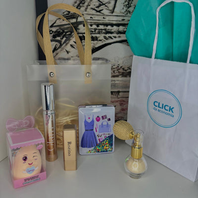 Kit Maquiagem para Presente Completo Sacolinha Premium – Máscara Vivai Glass, Batom Mágico com Flor, Espelhinho Compacto e Pó de Fada Vintage