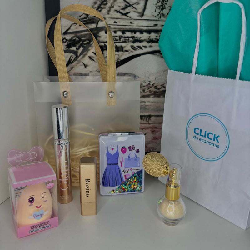 Kit Maquiagem para Presente Completo Sacolinha Premium – Máscara Vivai Glass, Batom Mágico com Flor, Espelhinho Compacto e Pó de Fada Vintage